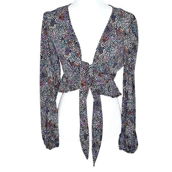 Bar III Colorful Tie Front V-Neck Ruffle Hem Balloon Sleeves Crop Top - Picture 1 of 8